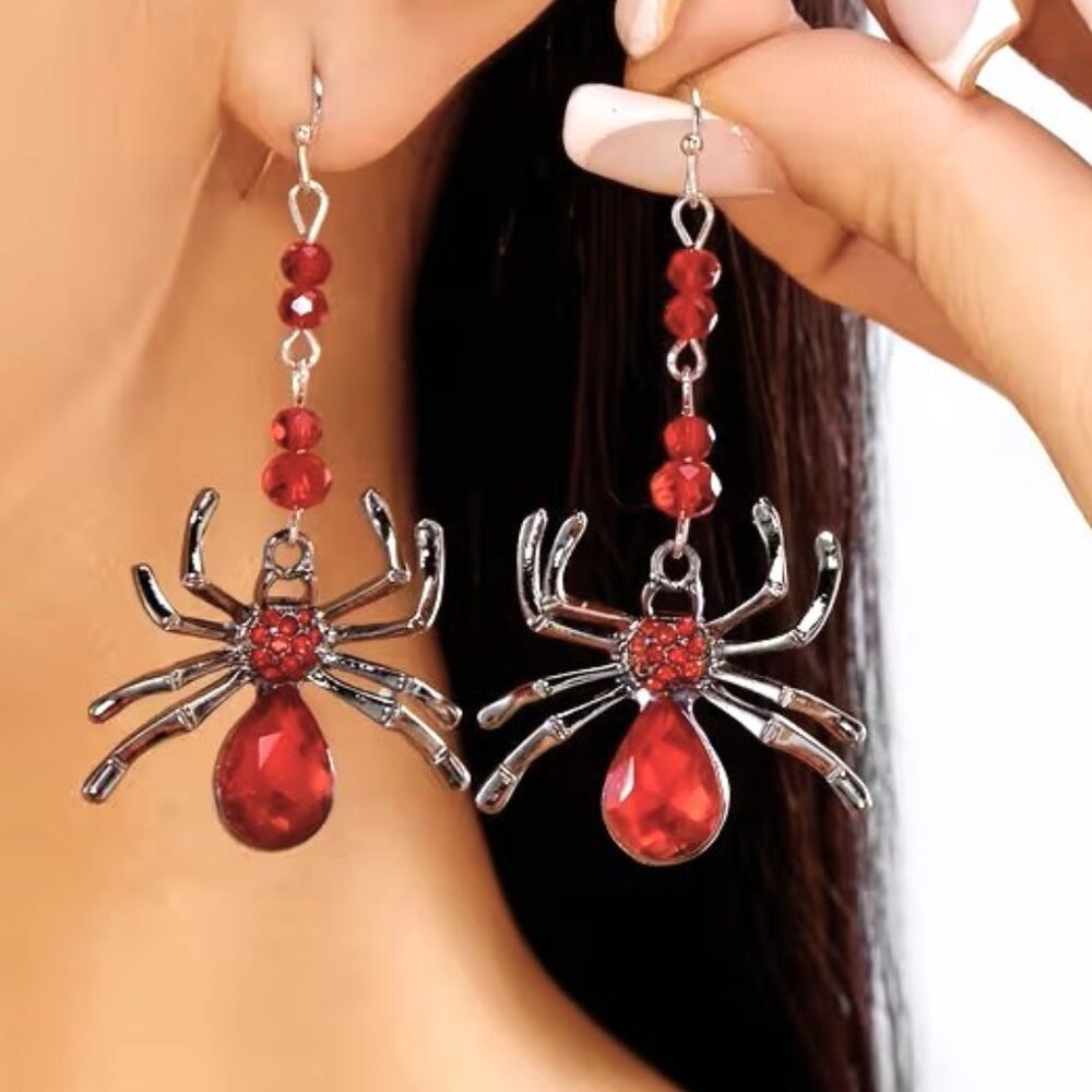 Spider Earrings 3D Red Crystals Rhinstones Bead Dangle Creepy Goth Emo Rave Fun